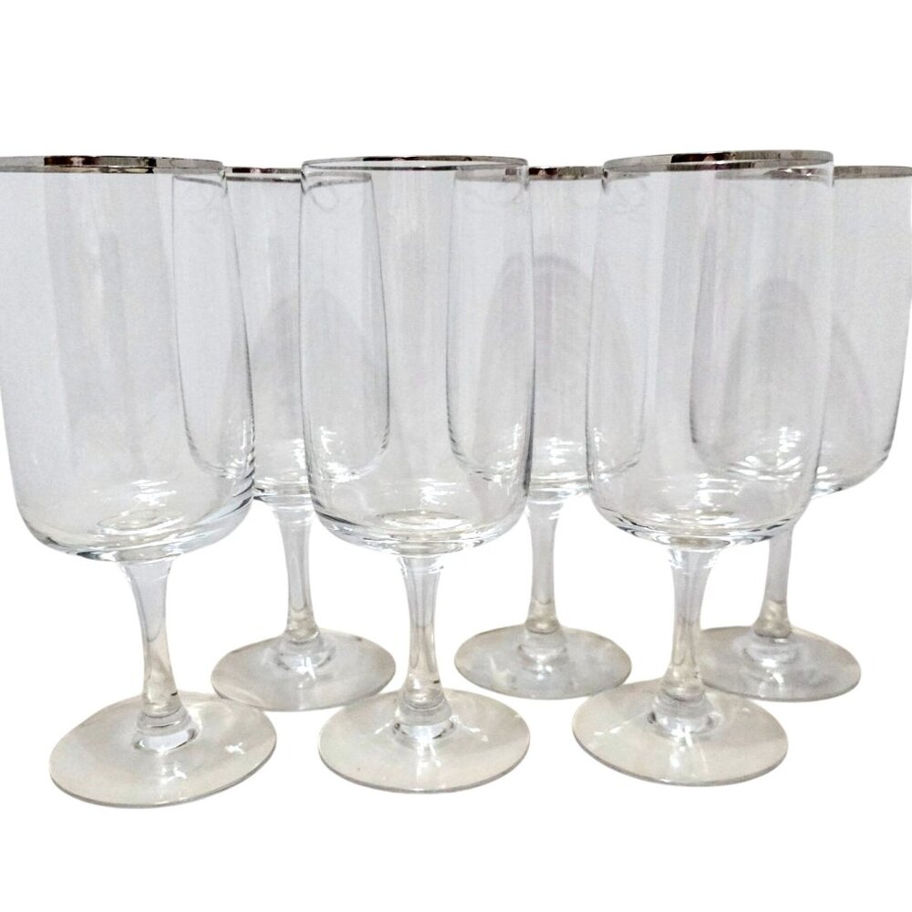 6 Fostoria Announcement Platinum Water Glasses 7.25" silver rim 1970s